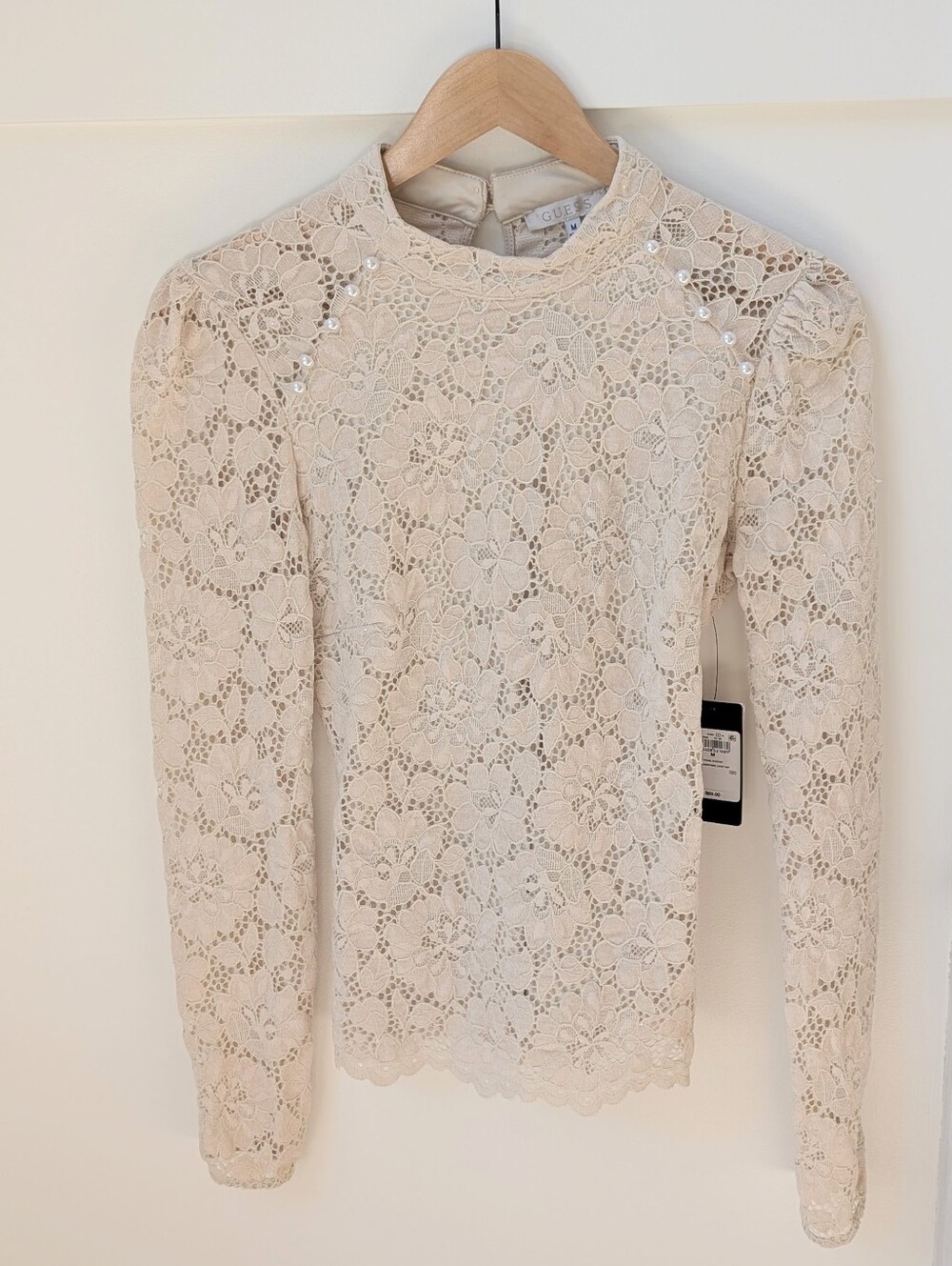 GUESS Cream Floral Lace High-Neck Long-Sleeve Top